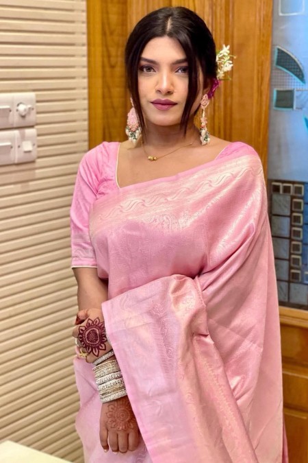 Baby Pink Soft Silk Kanchipuram Saree wi...